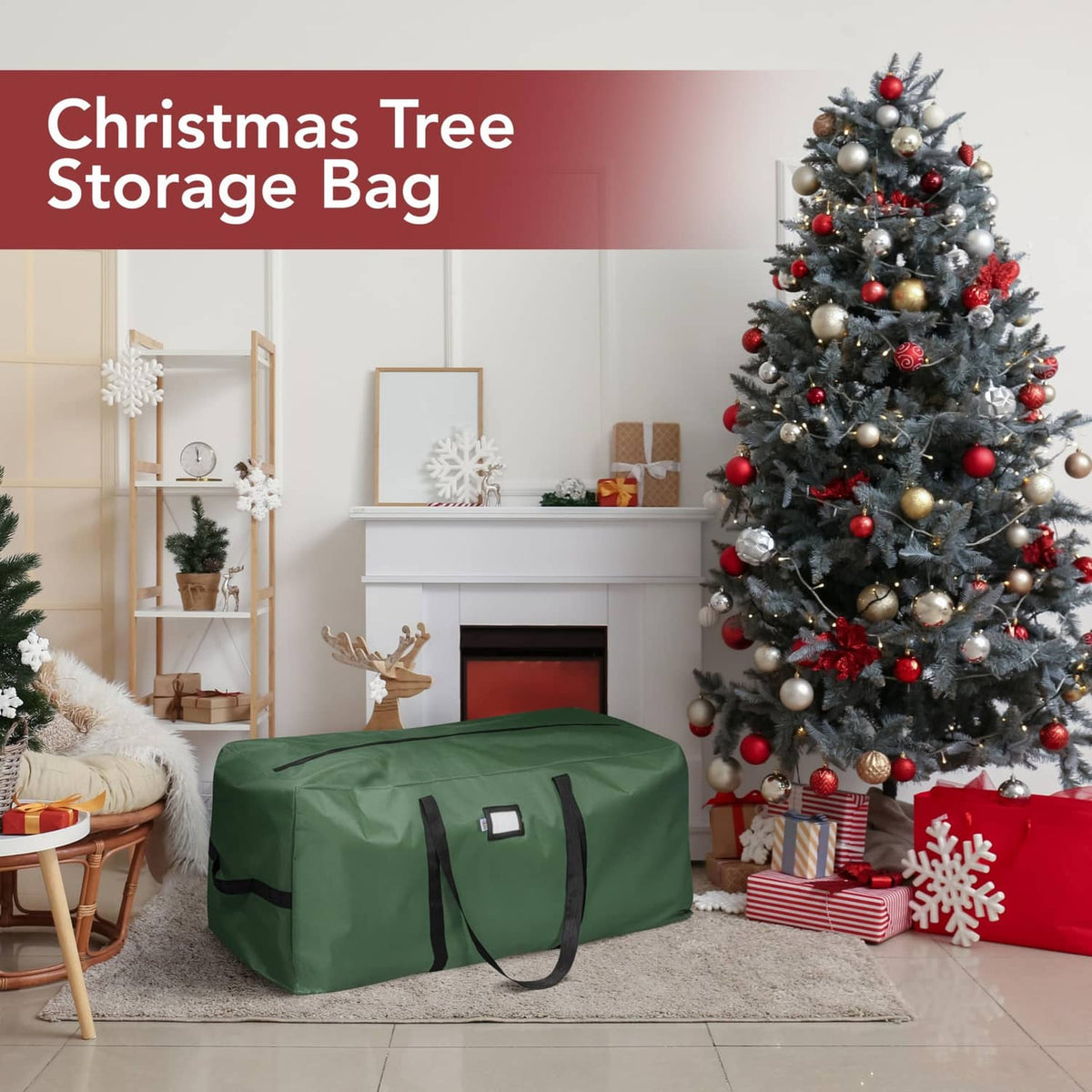 Green Christmas tree storage bag covering a folded artificial tree in a room