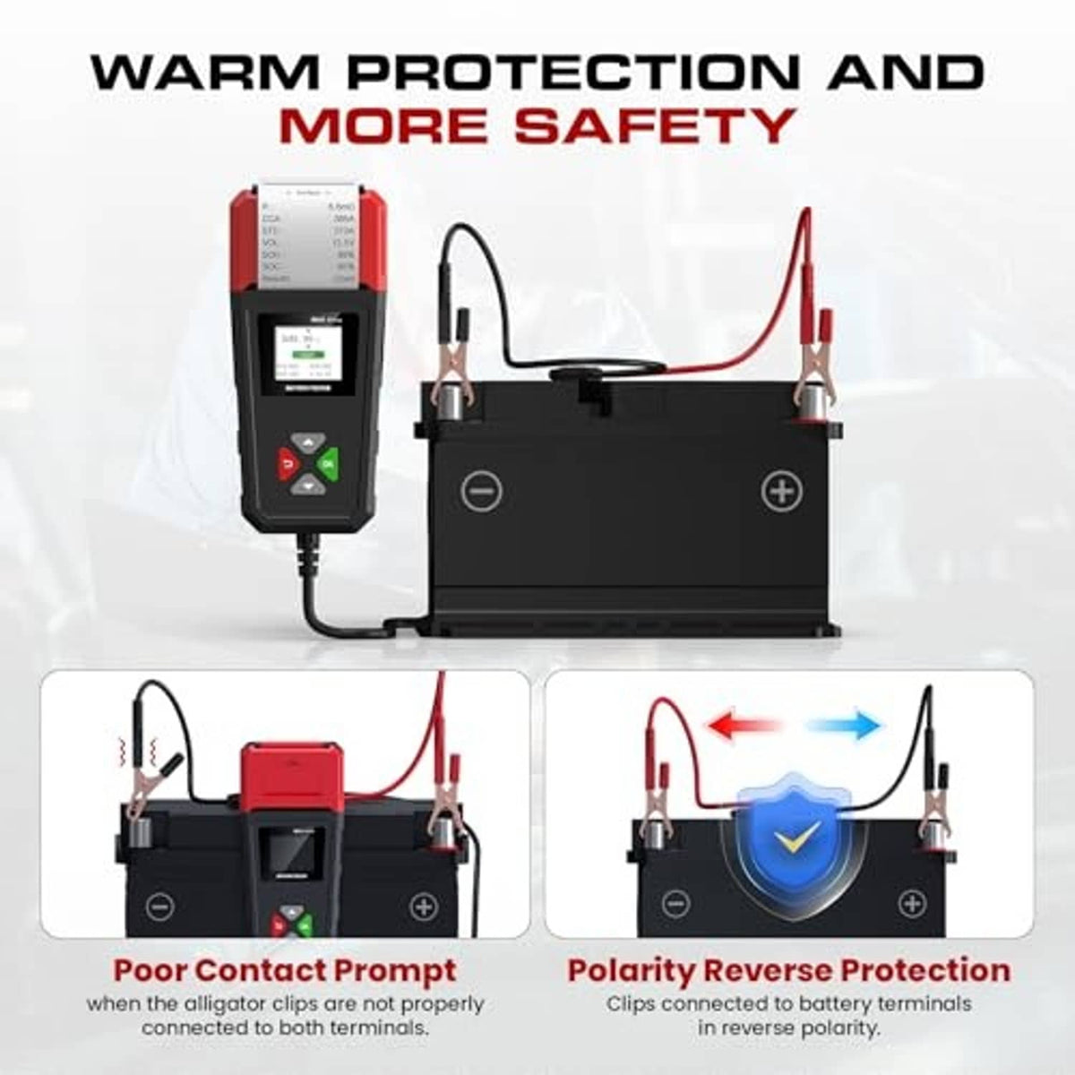 Car battery tester with alligator clamps and built-in safety protection circuit