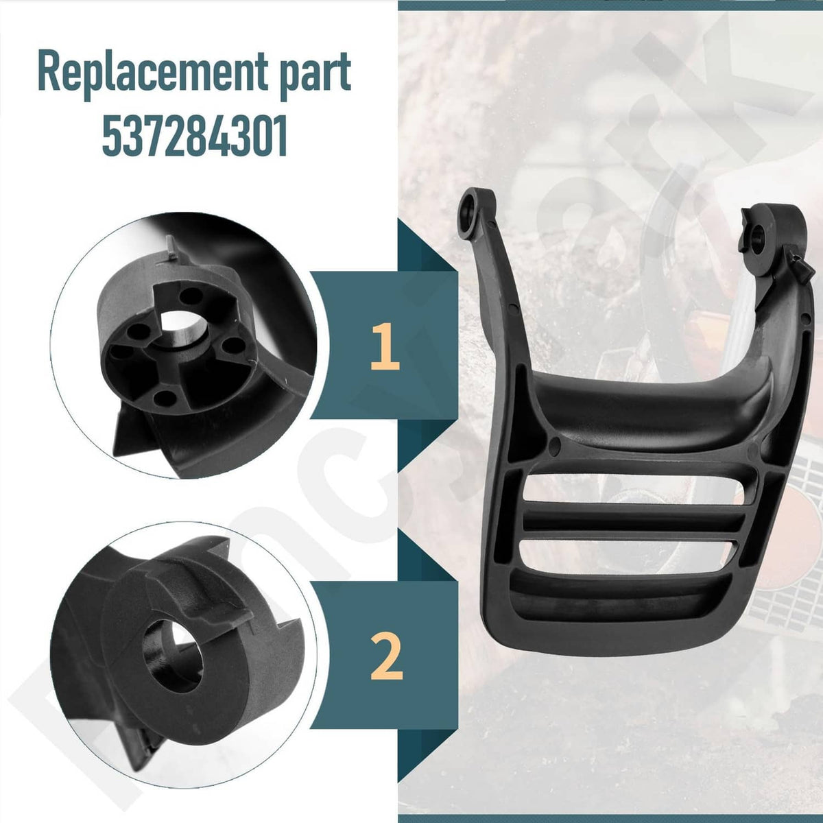 Black chainsaw chain brake handle assembly with side mounting flange