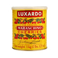 Luxardo Maraschino Cherries canister with colorful front label on yellow container