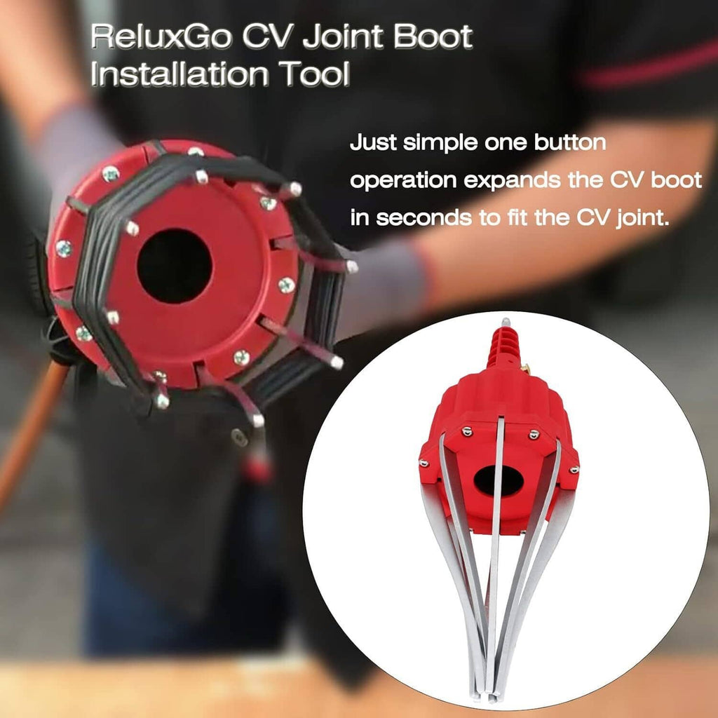 Red pneumatic CV joint boot installer tool with round clamp housing and four metal legs