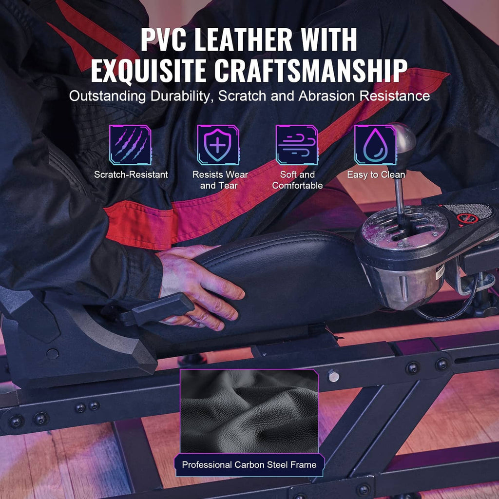 Black PVC-leather style racing simulator seat with visible control mount and frame.