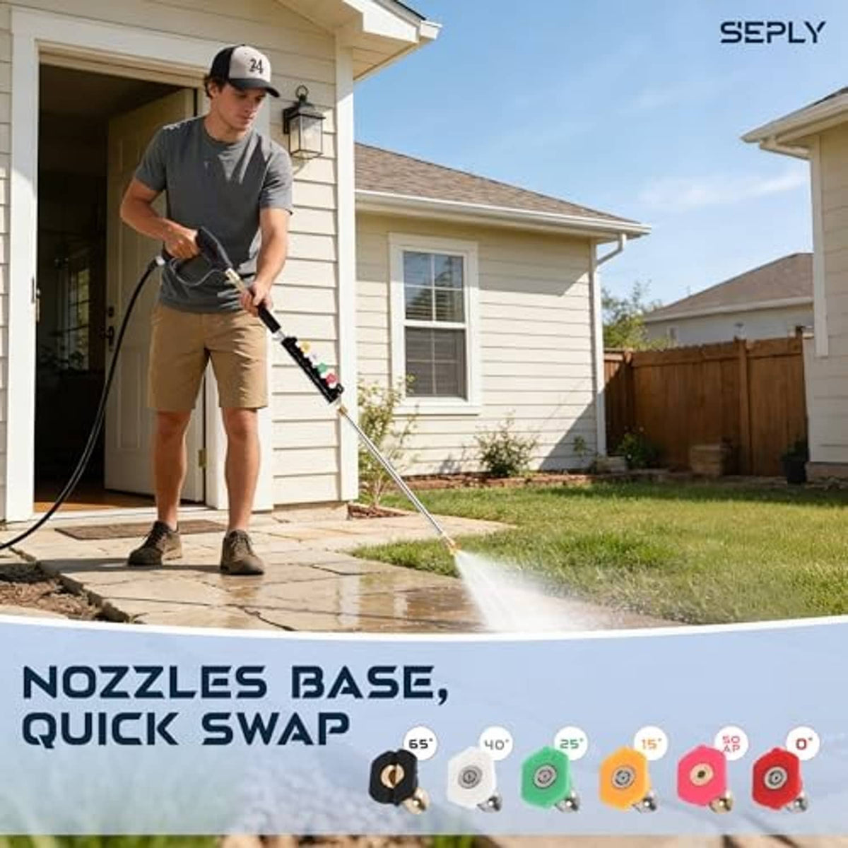 Pressure washer extension wand with long lance and quick-swap nozzle tips for outdoor use