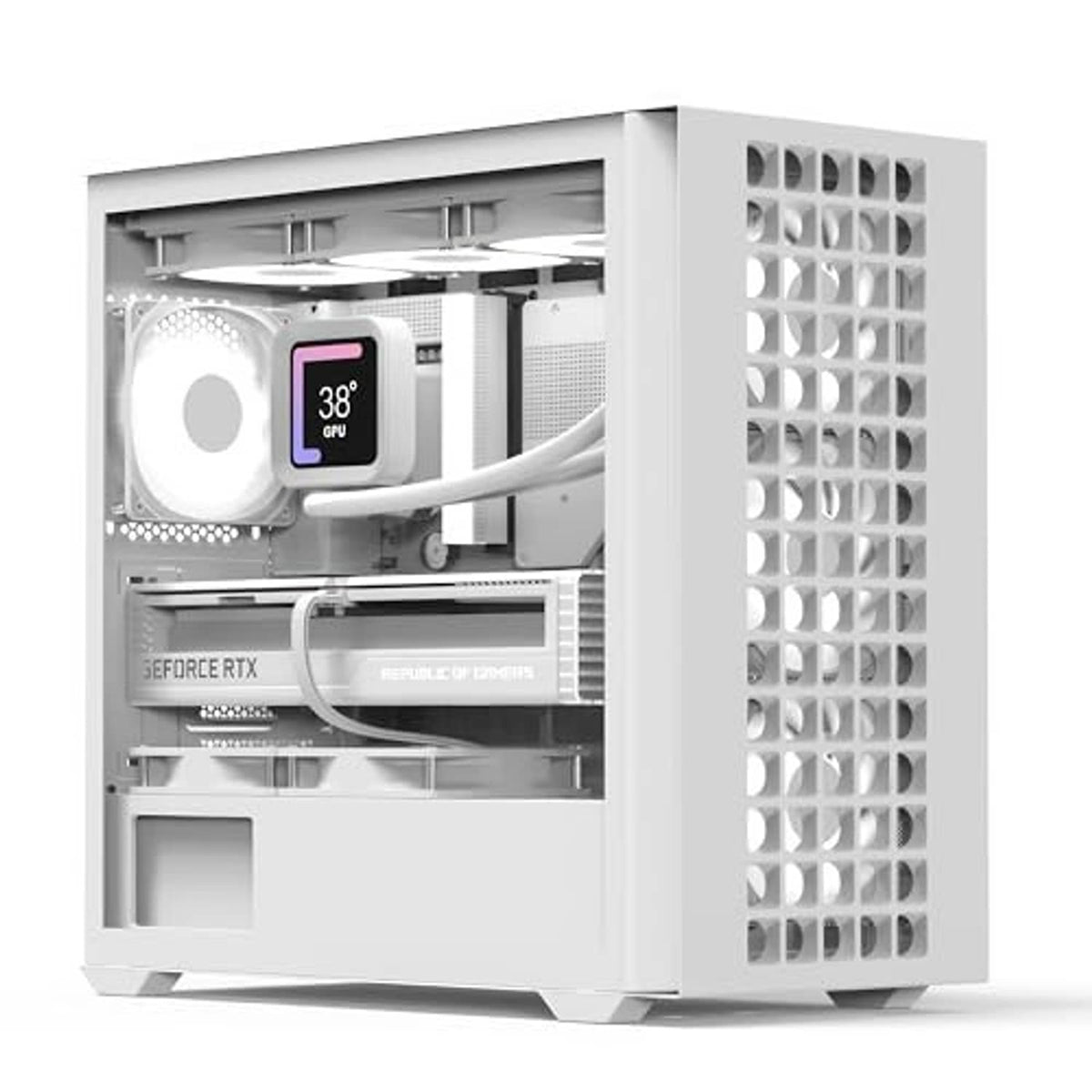 White mini tower PC case with vented side panel and installed GPU cooling layout
