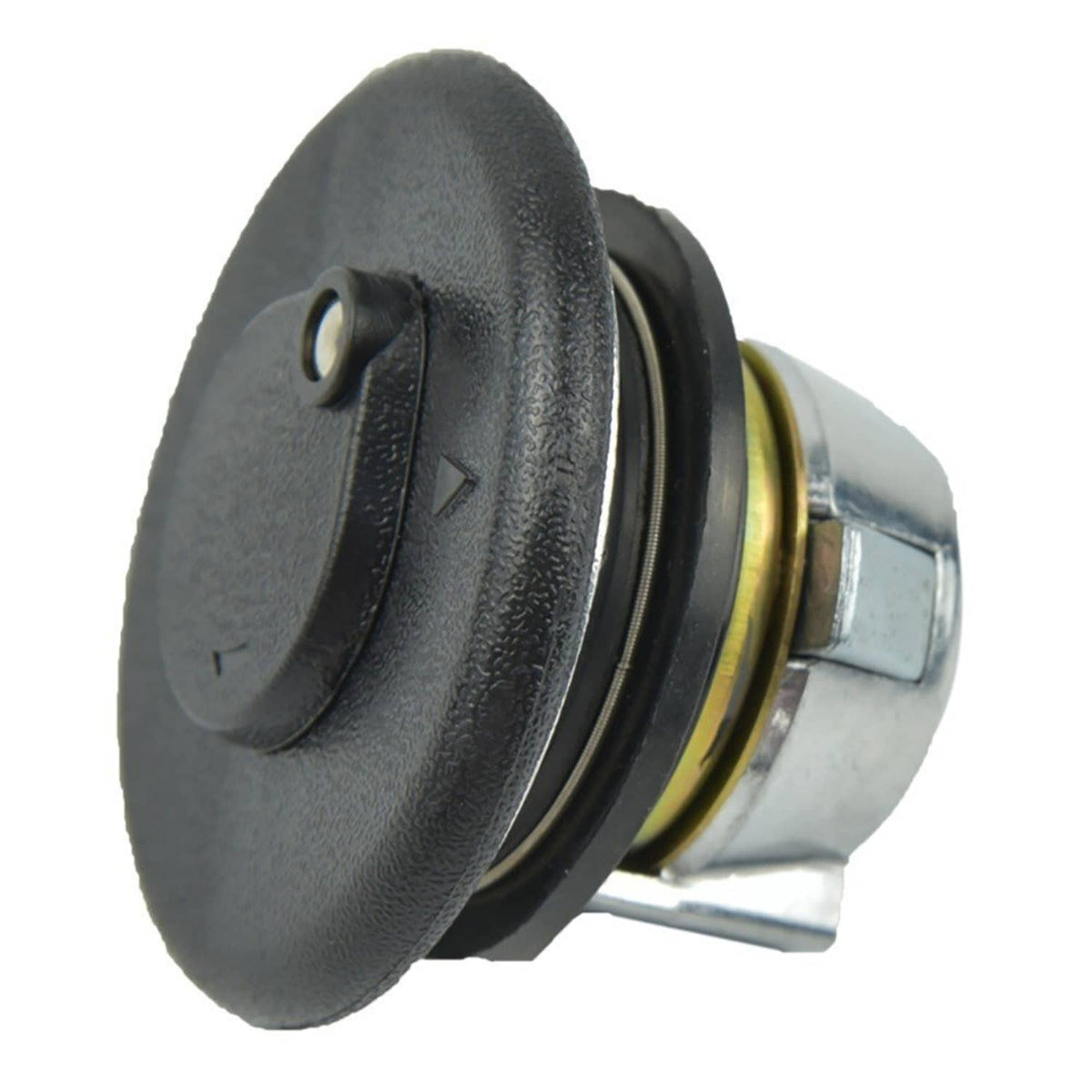 Fuel gas cap lock with textured black cover and brass retaining ring