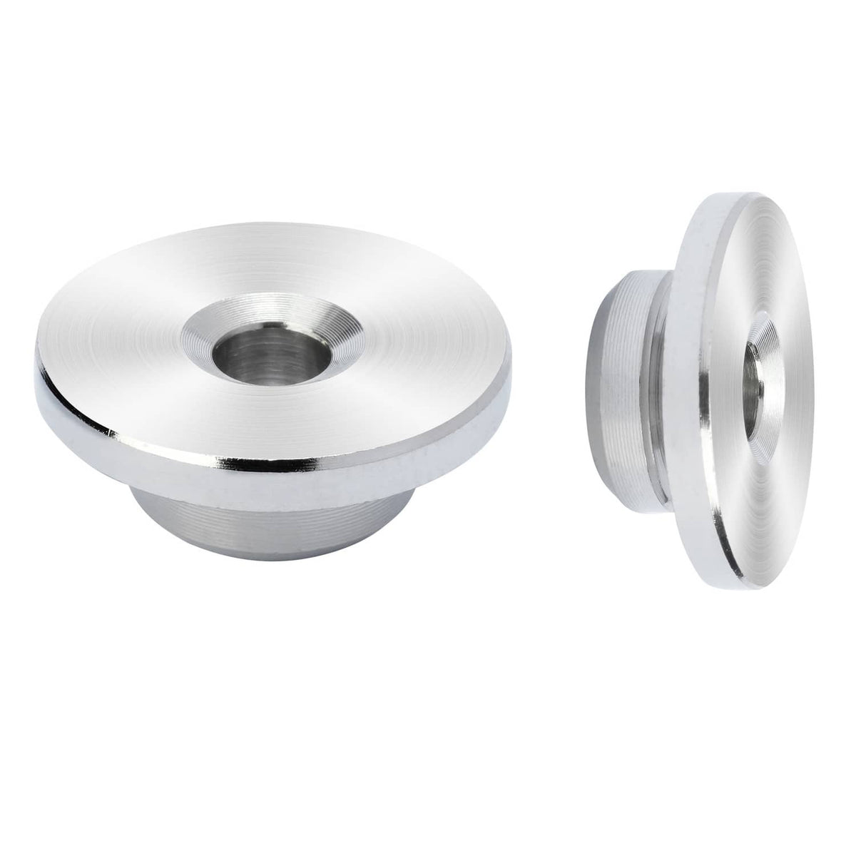 Cable railing wheel protector sleeve cap, brushed metal disc with central threaded hole