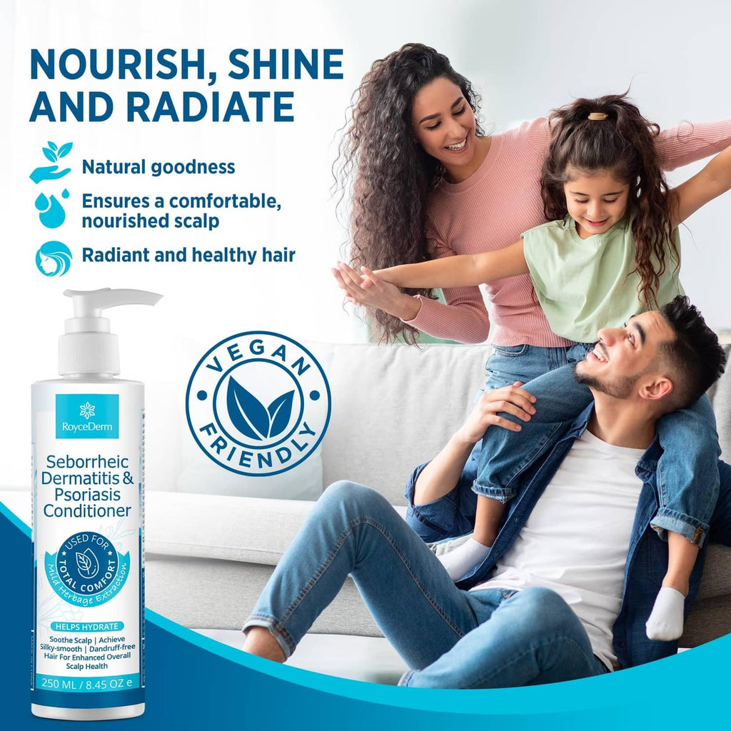 White pump conditioner bottle beside family on sofa for nourished scalp care
