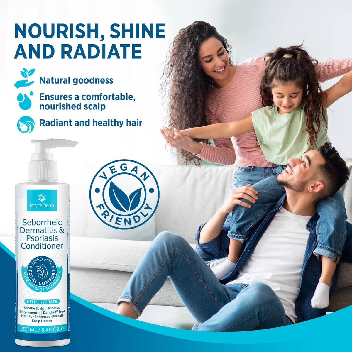 White pump conditioner bottle beside family on sofa for nourished scalp care