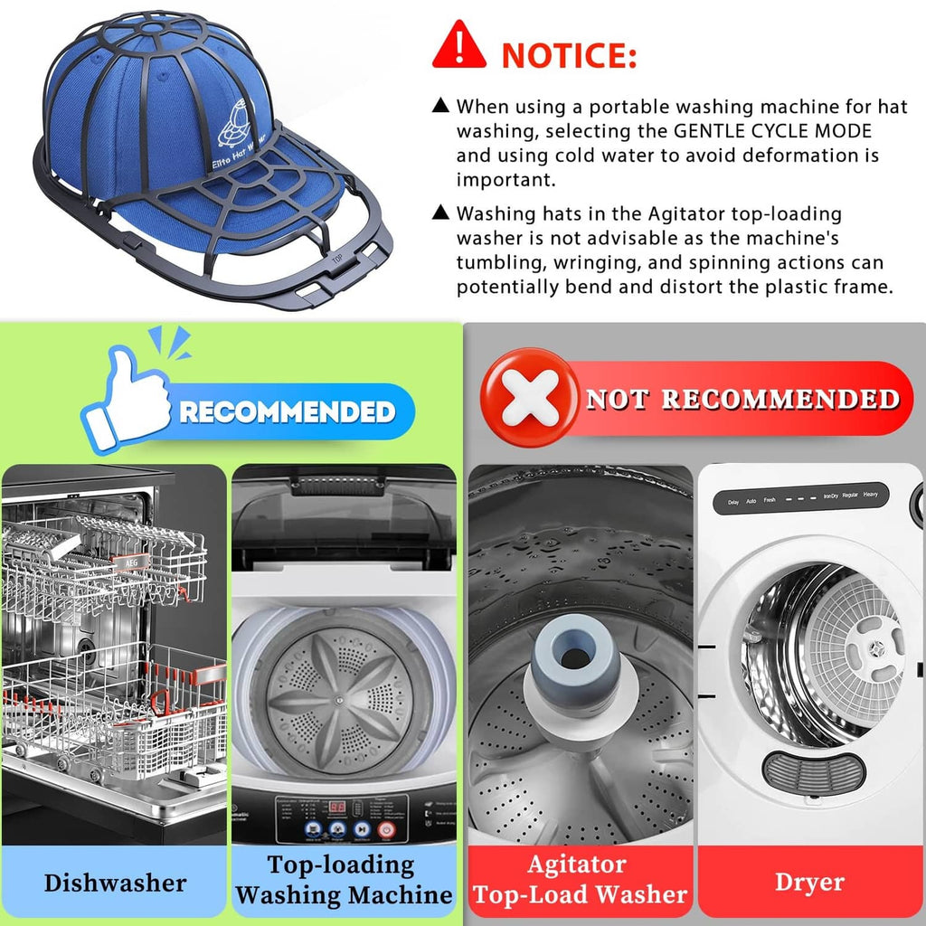 Hat-washing cap rack shown for washing machine use, with recommended setup