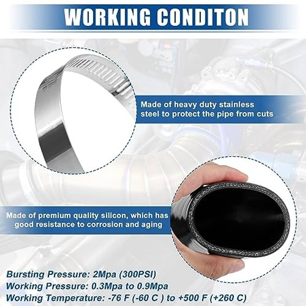 Black silicone hose elbow reducer with stainless clamp bands, close-up rim