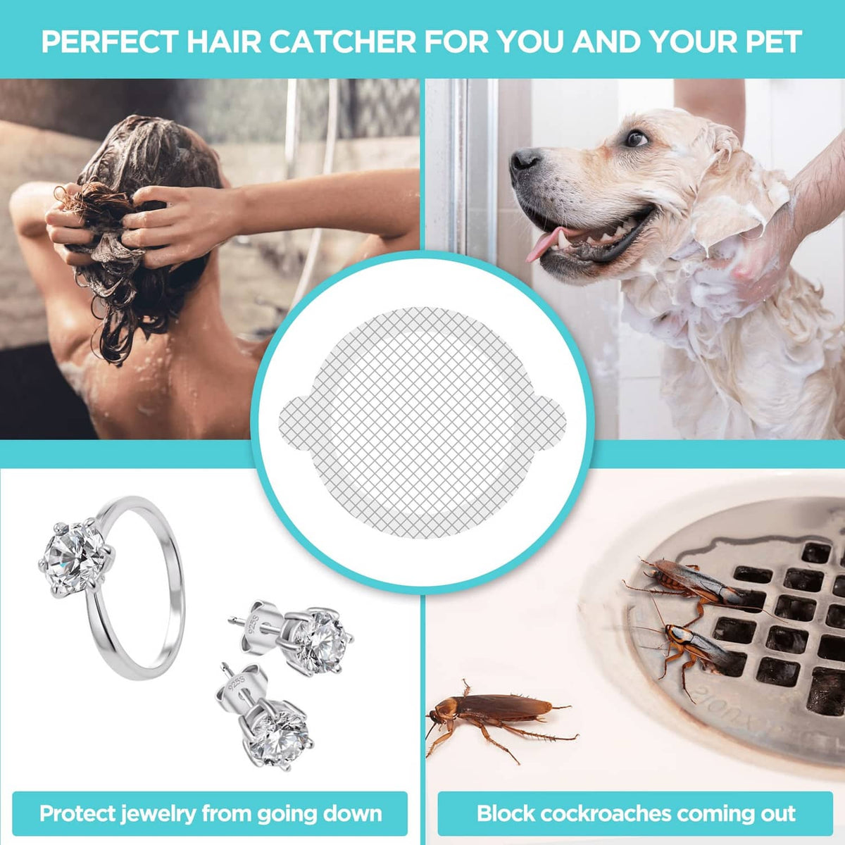 Round white mesh hair catcher over drain, shown with pet and human hair protection use