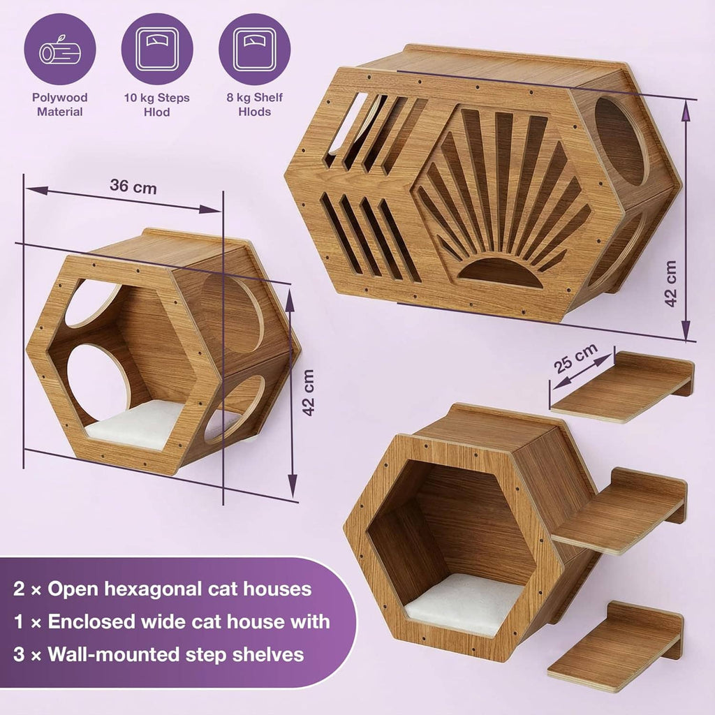 Wood hexagonal cat house shelves with open entrances and attached step platforms