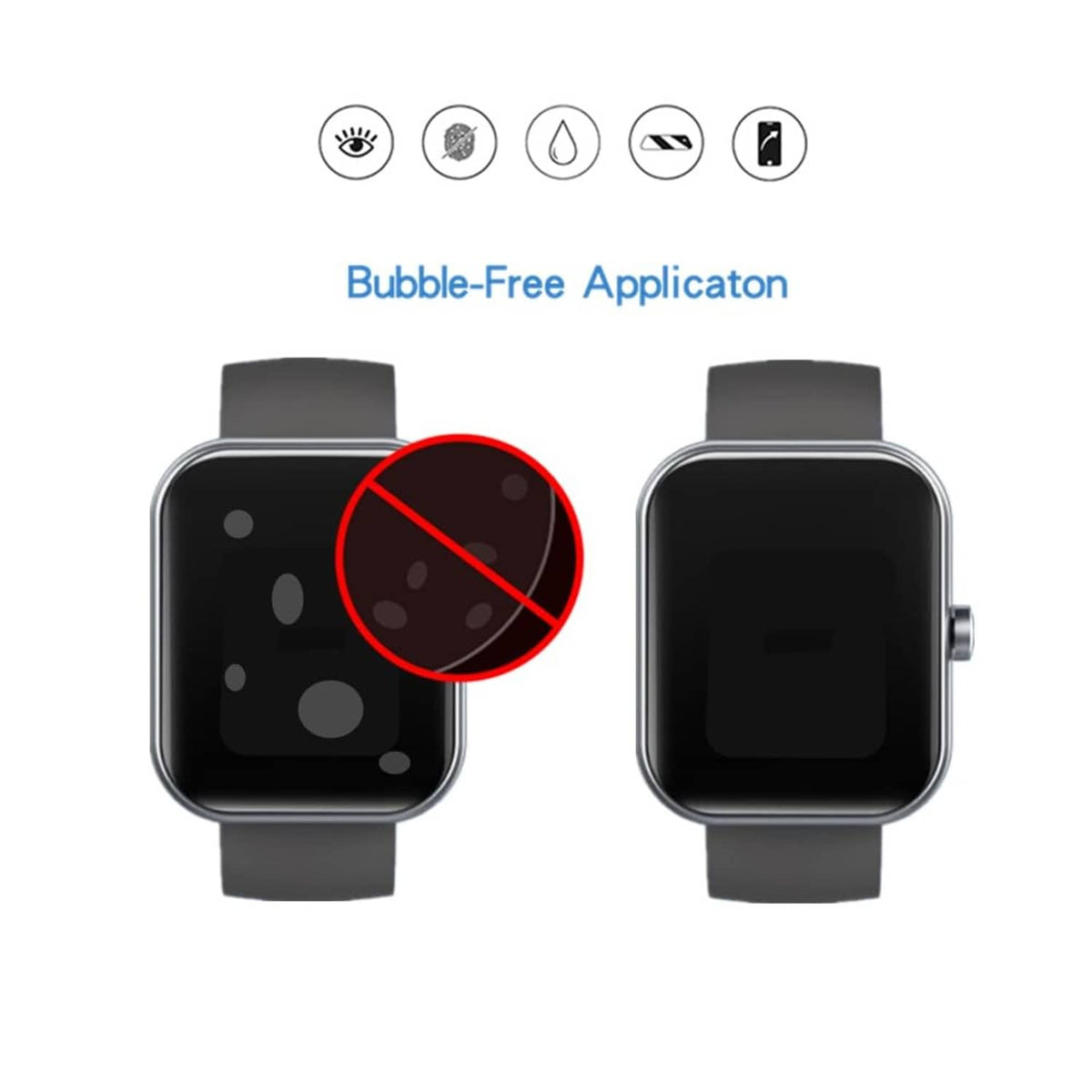 Bubble-free transparent screen protector film on black smartwatch display, gray strap