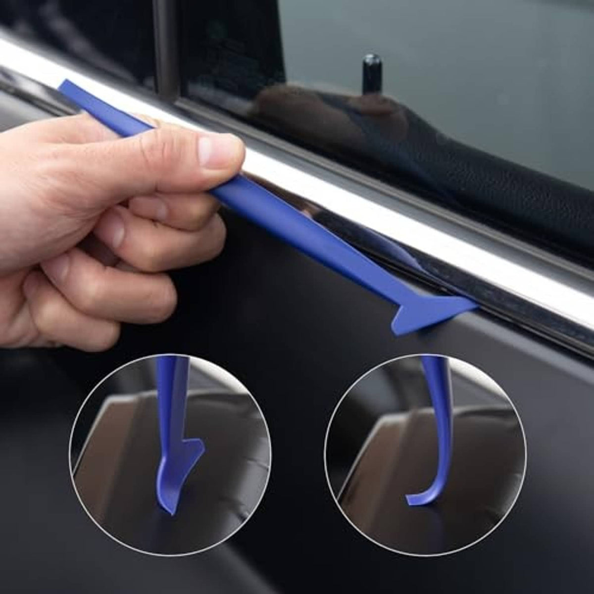 Blue window tint applicator inserting film into gaps along glass
