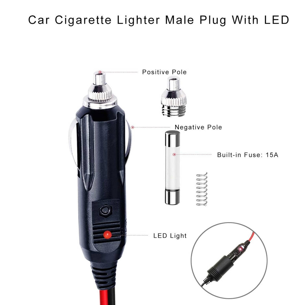 12V fused car cigarette lighter male plug with LED light and built-in 15A fuse