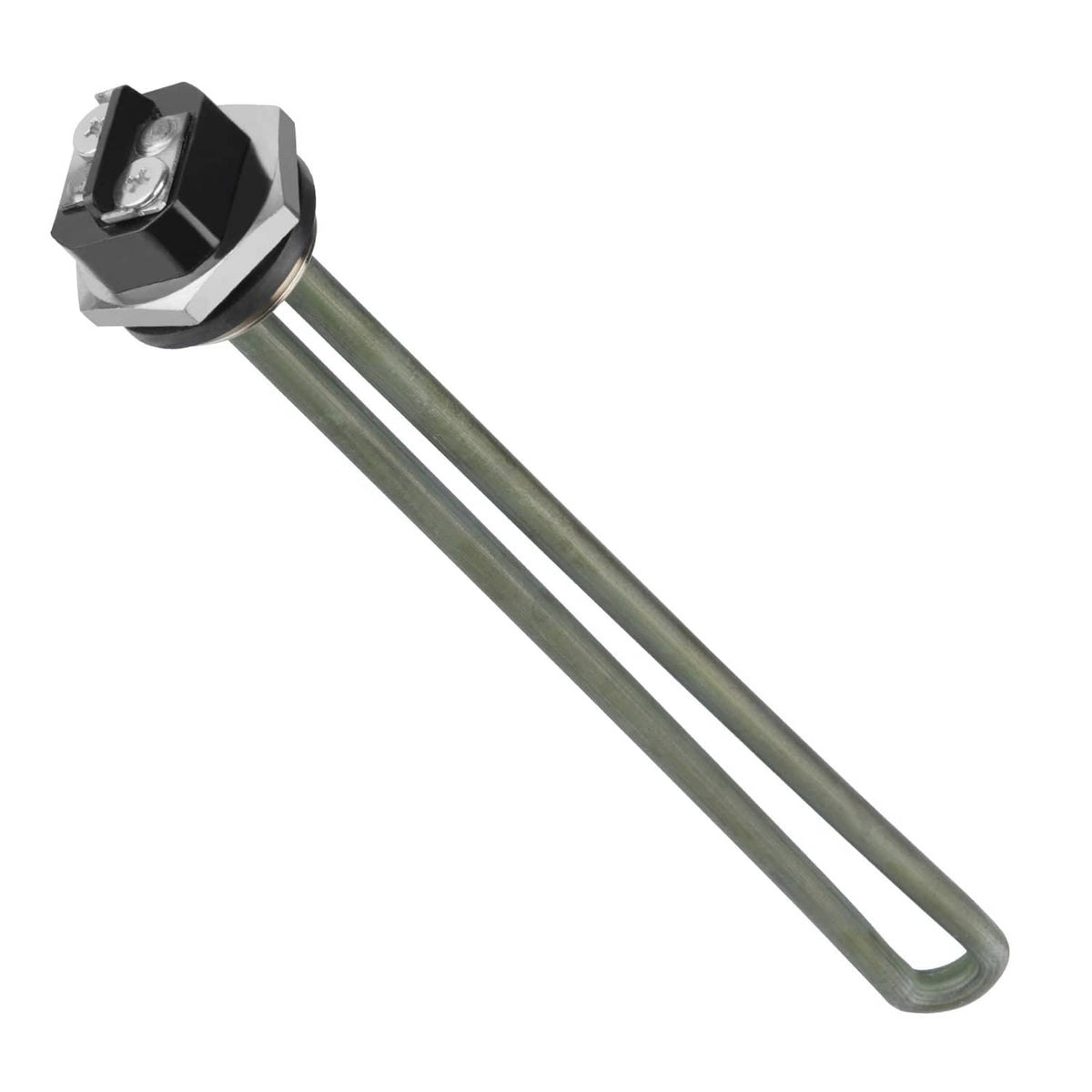 RV water heater heating element, angled view of long metal rods with hex mounting head