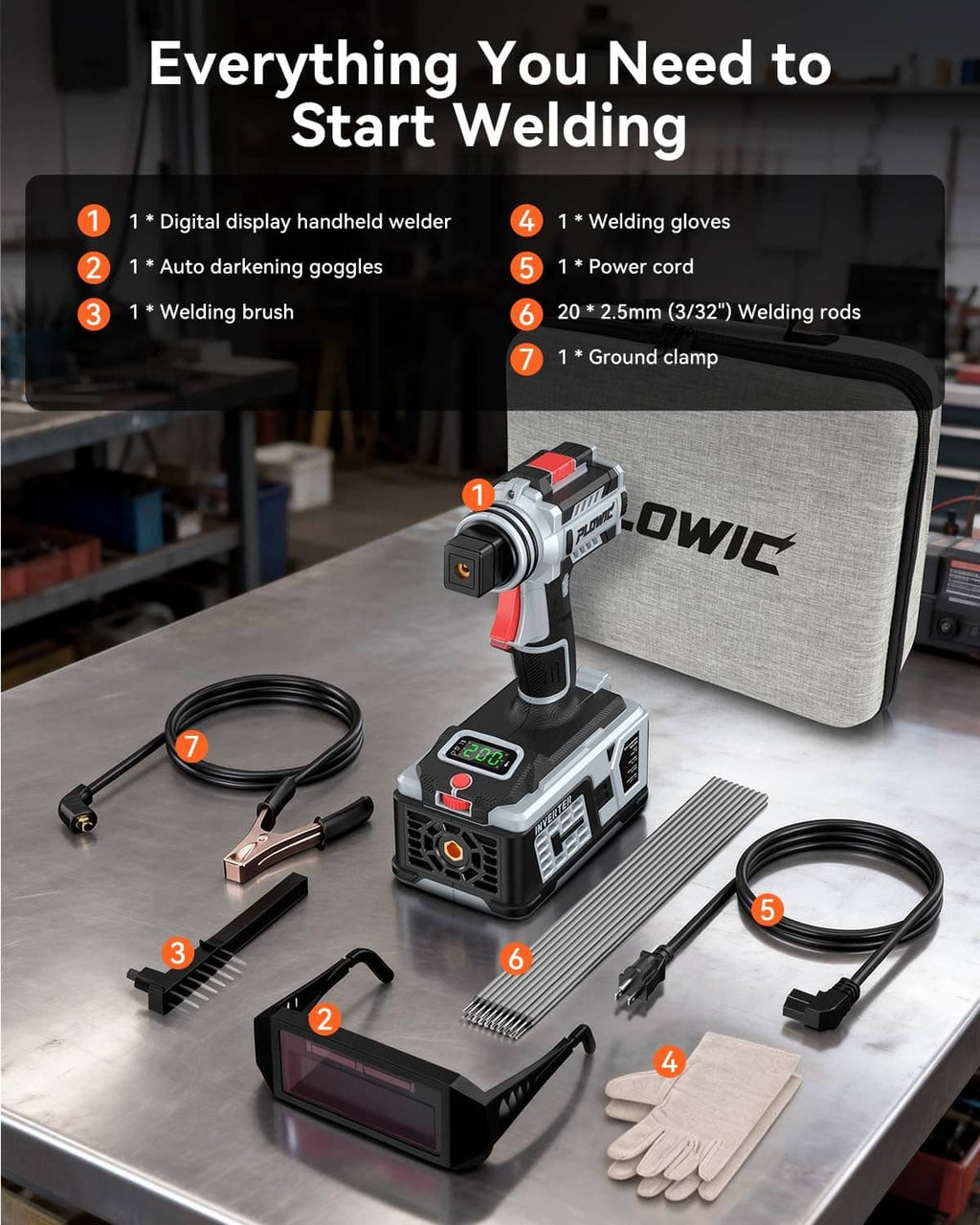 Portable welding machine kit with LCD unit, gloves, ground clamp, cables, and electrode brush