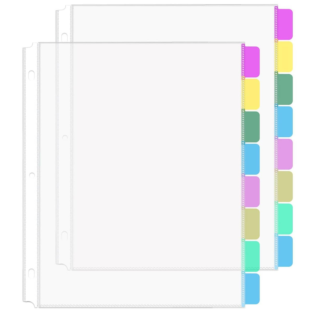 Set of clear binder sheet protectors with multicolor edge tabs