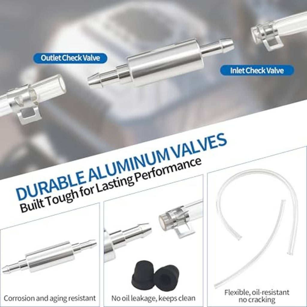Metal one-way check valve with clear inlet/outlet tubing and connector fittings