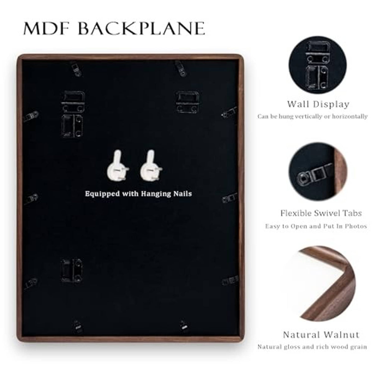 Walnut picture frame back panel with MDF backing and hanging nail hardware