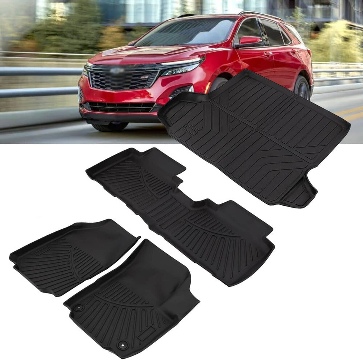 Black anti-slip TPE floor mats and rear trunk cargo liner set with raised channels