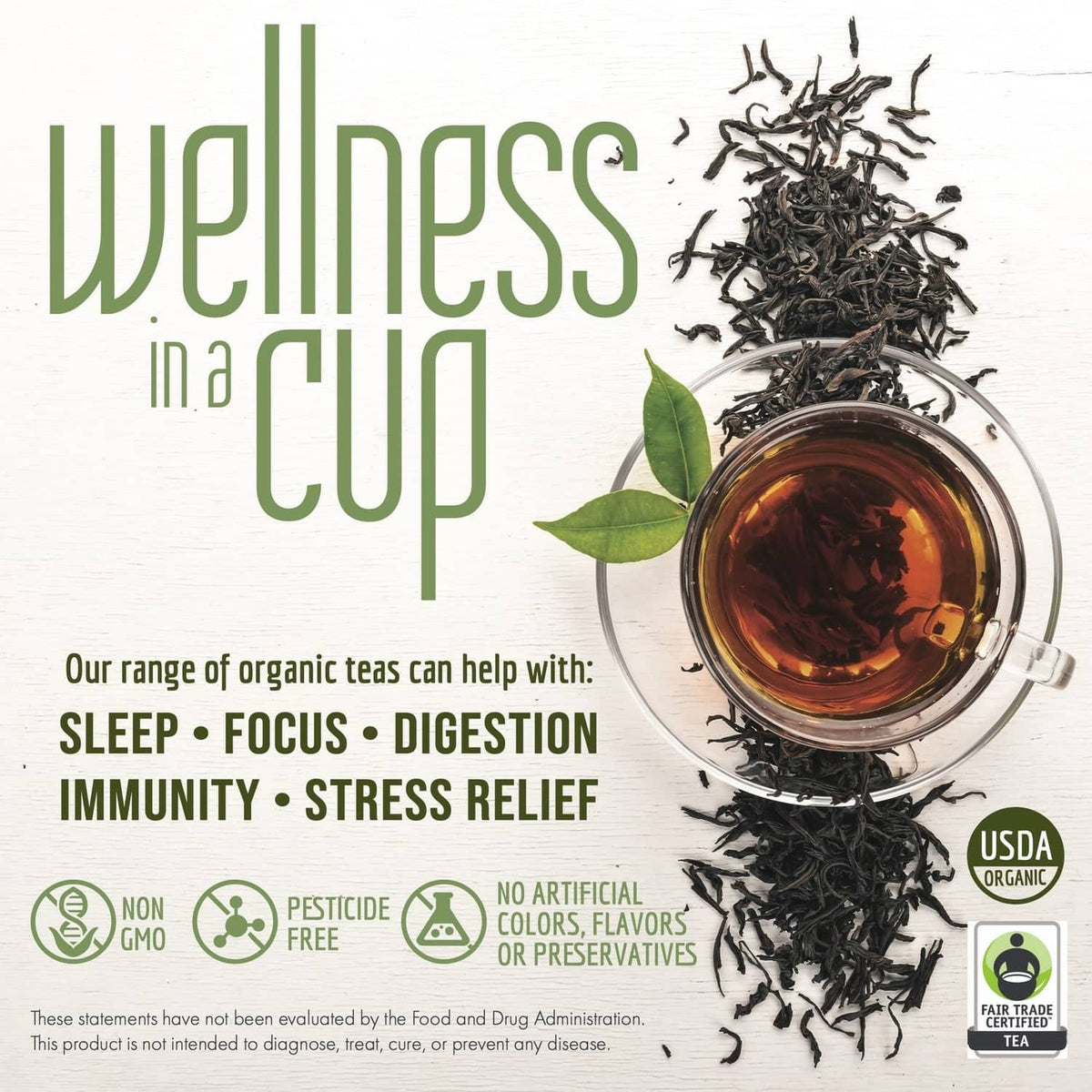 Organic tea infographic graphic with tea leaves, cup, and USDA Organic badge