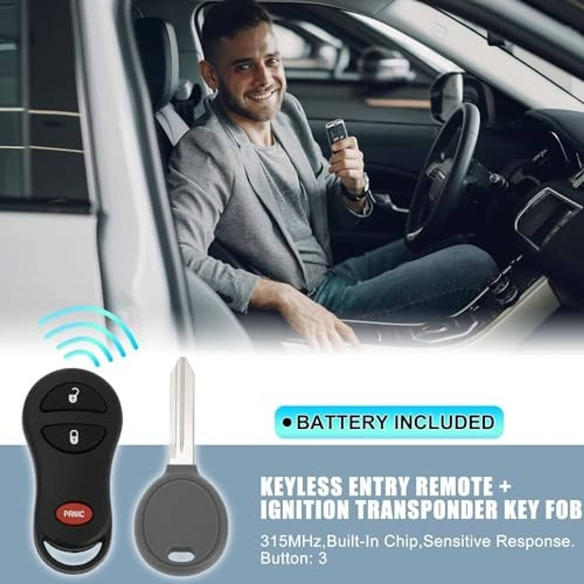 Keyless entry key fob remote in hand, showing lock, unlock, and red panic button.