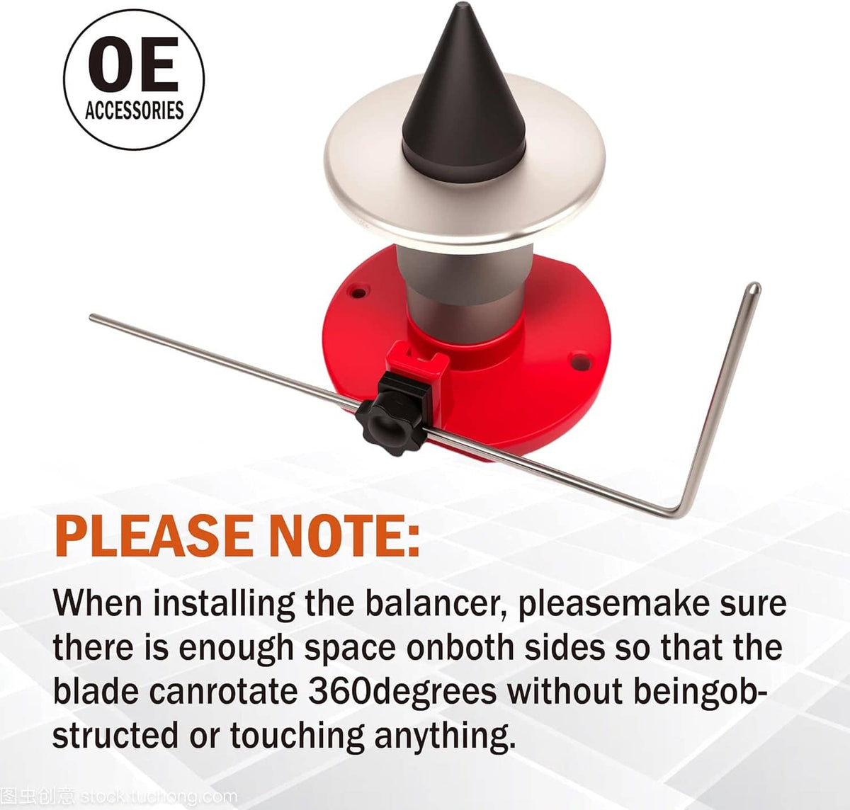 Magnetic blade balancer assembly with red base, silver cone, and two support rods