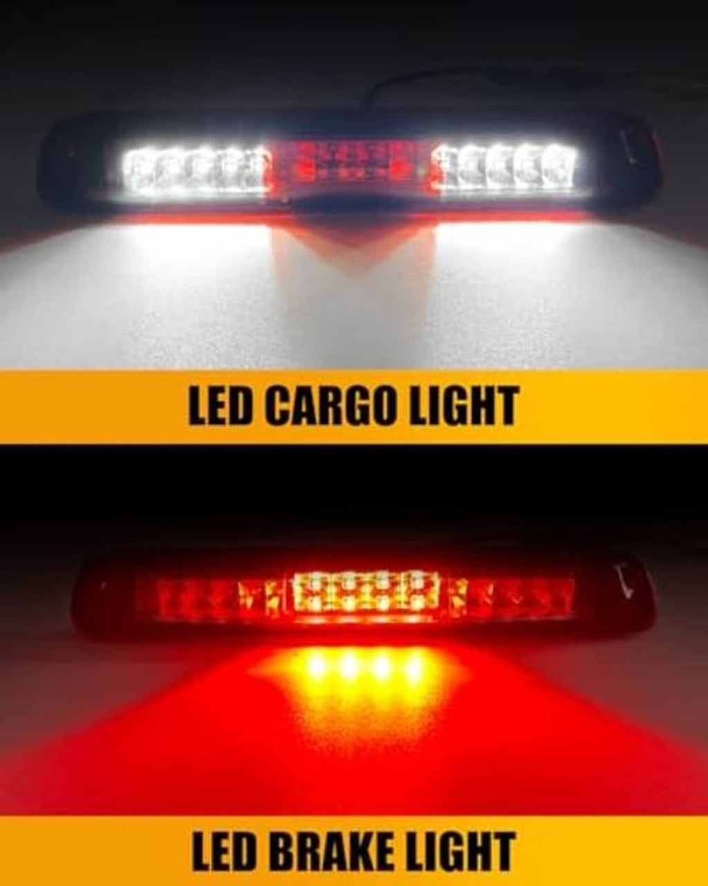 LED third brake light showing illuminated red brake glow with side white sections