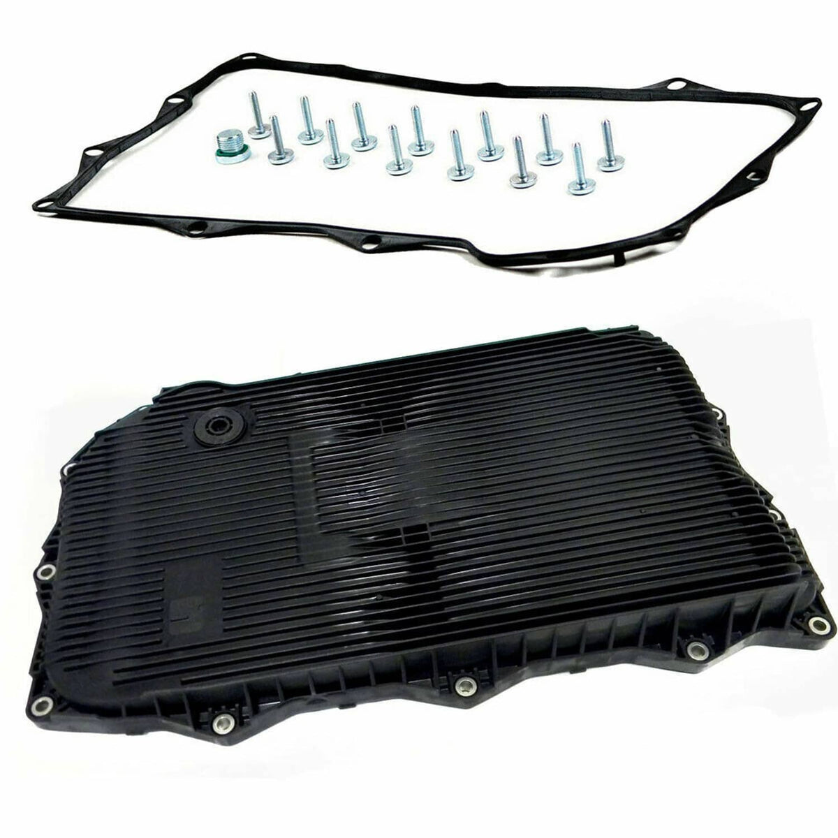 Automatic transmission oil pan with attached gasket and included bolt kit