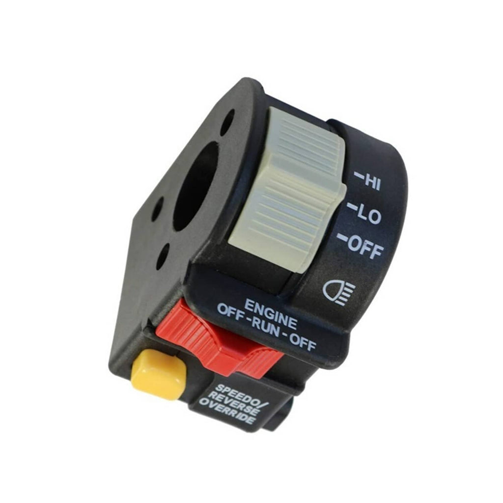 Left handlebar switch with gray knob, black body, red Off-Run rocker, yellow button
