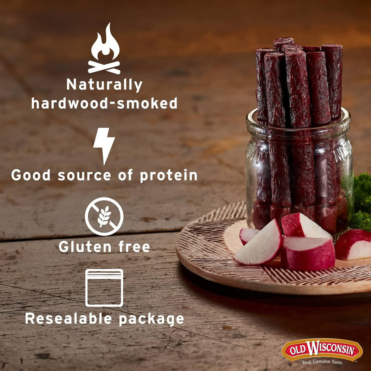 Naturally hardwood-smoked beef sausage sticks in a glass jar