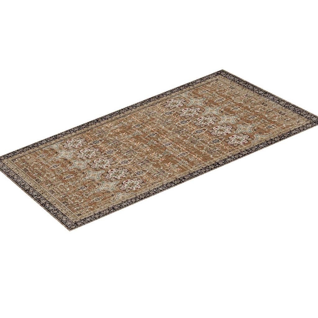 Rectangular vintage area rug in brown and beige with teal floral medallions and border