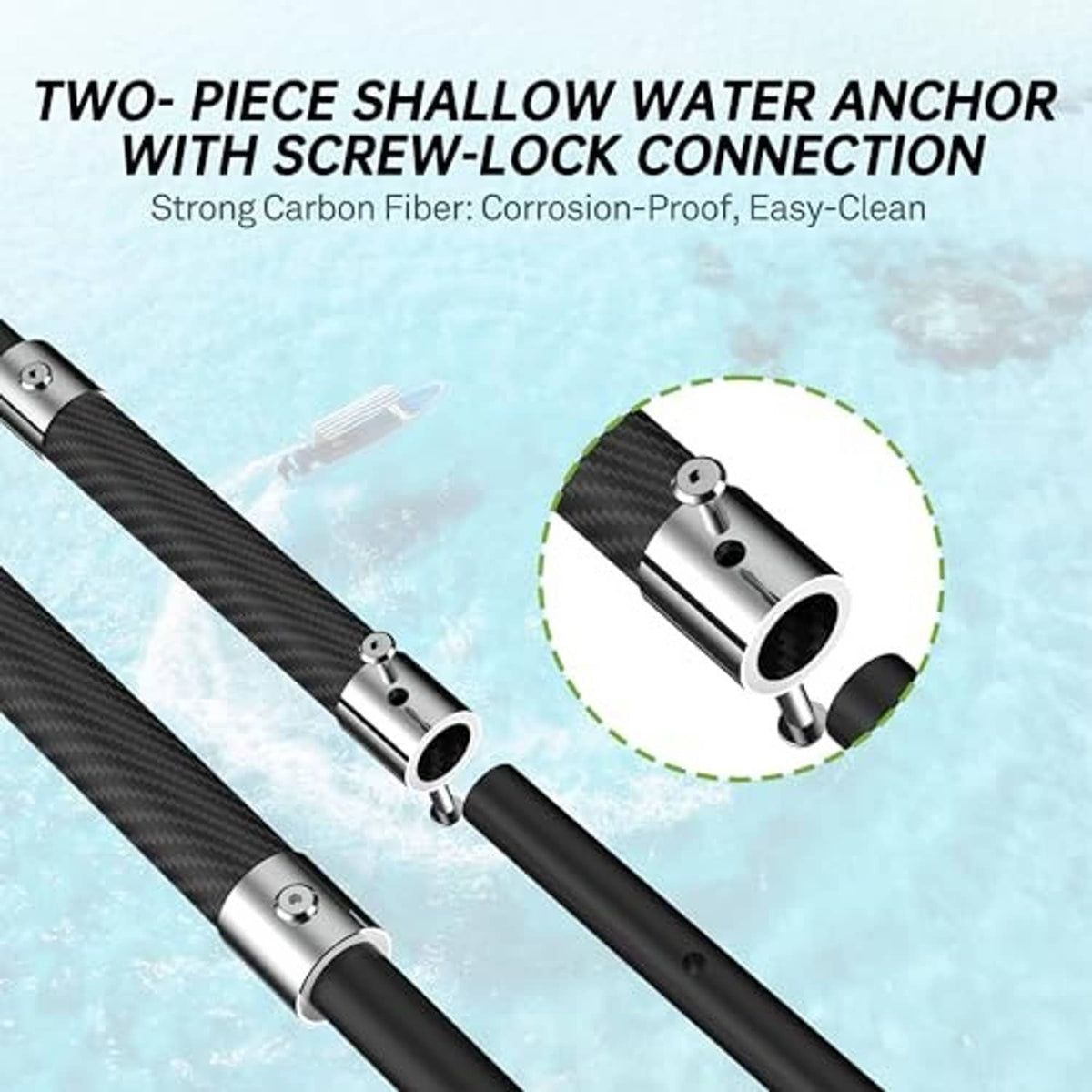 Two-piece shallow-water anchor with screw-lock connection, black poles, olive fluke head