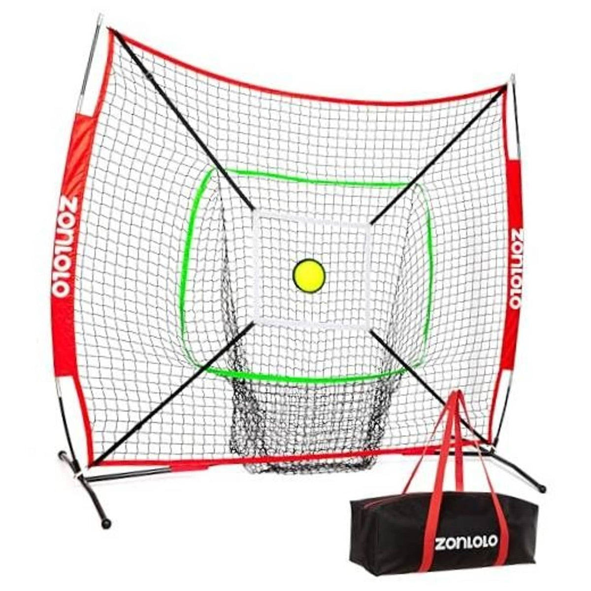 Portable baseball and softball practice net with white mesh, red frame, and green target rings.