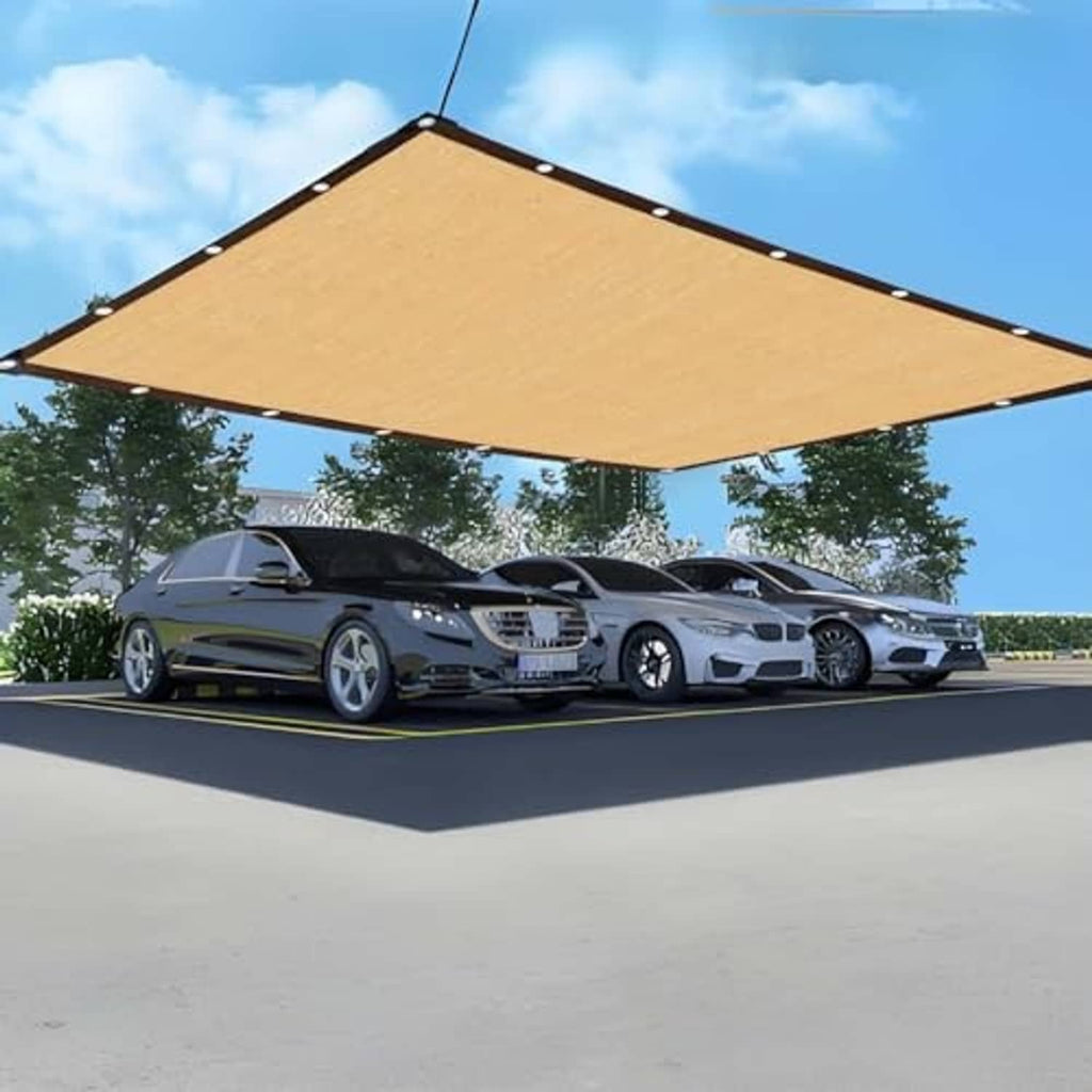 Sand-colored shade canopy stretched overhead with rope fasteners and grommets