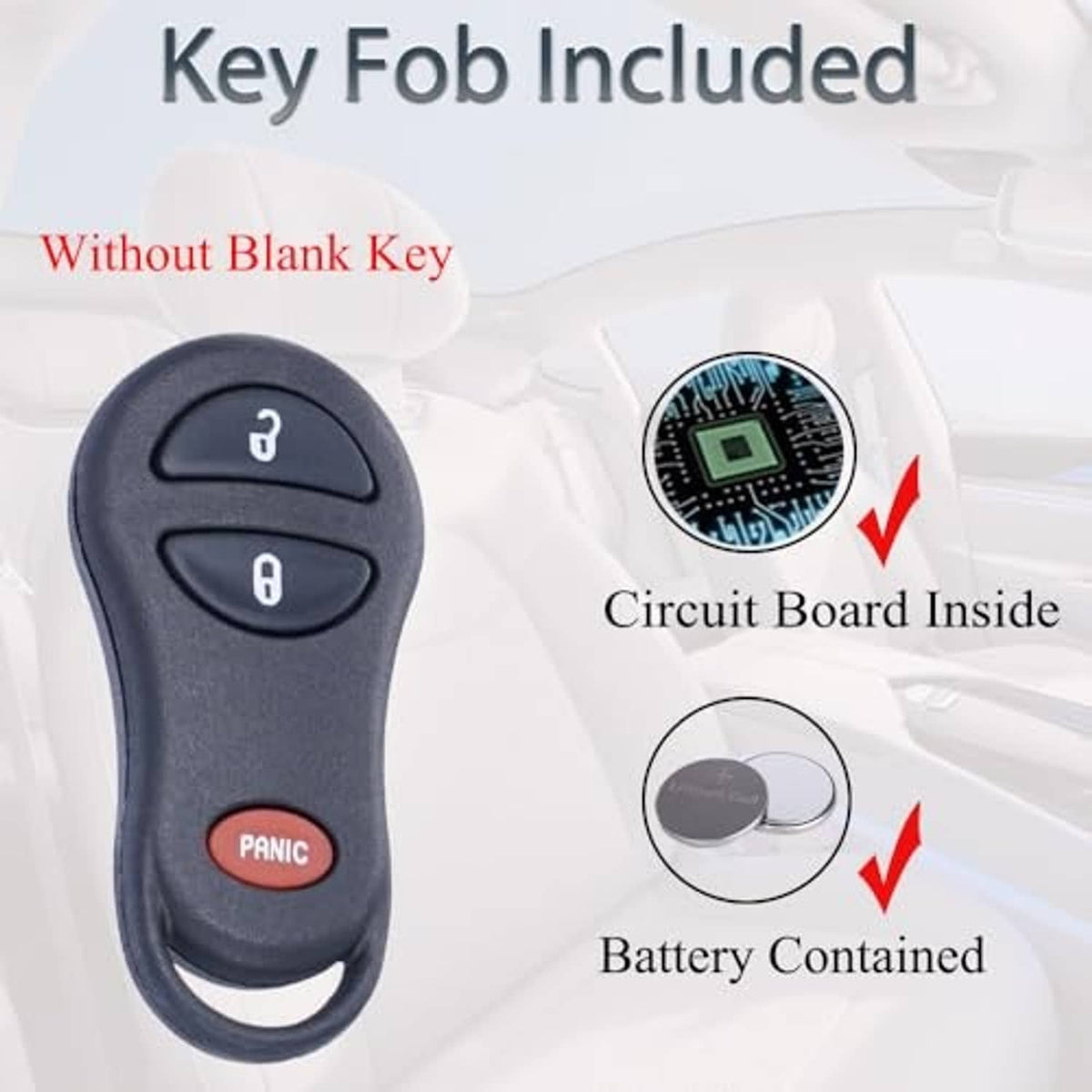 Dark blue car key fob remote with Lock, Unlock, and Panic buttons.