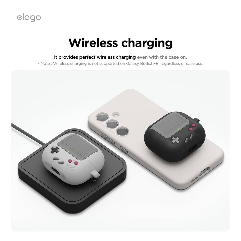 elago black silicone earbud case on a wireless charging pad