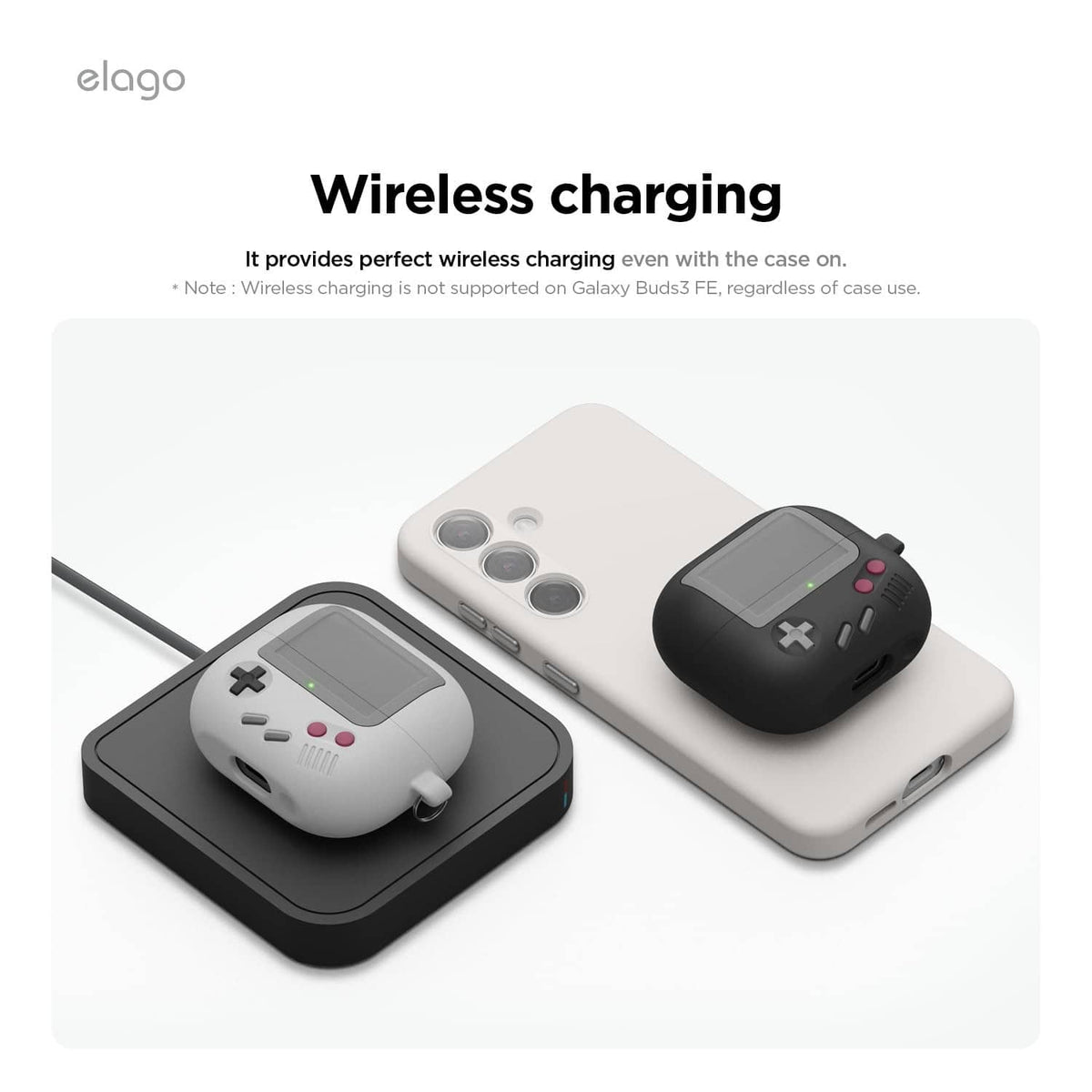 elago black silicone earbud case on a wireless charging pad