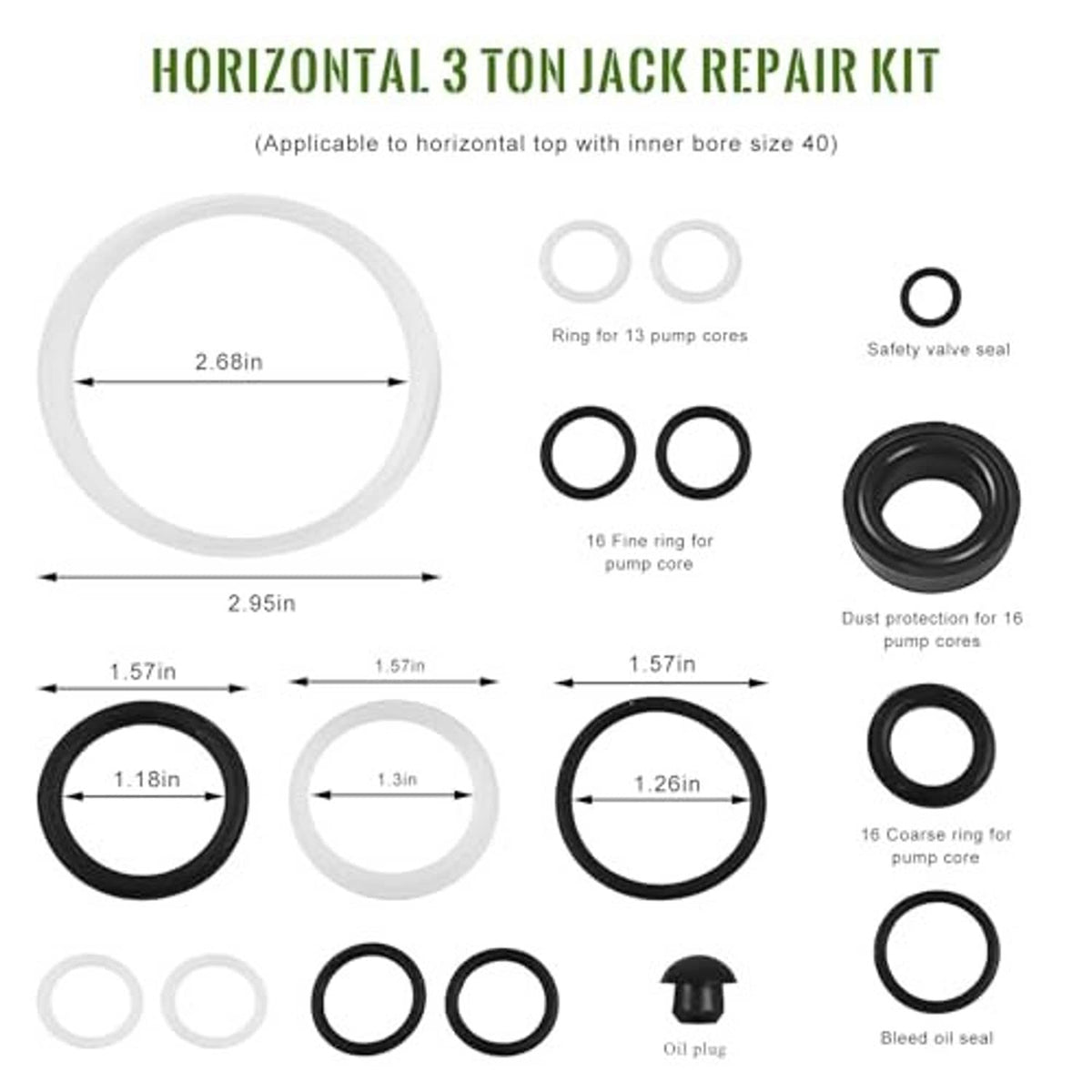 Horizontal 3-ton jack repair kit seal diagram with ring and pump core labels