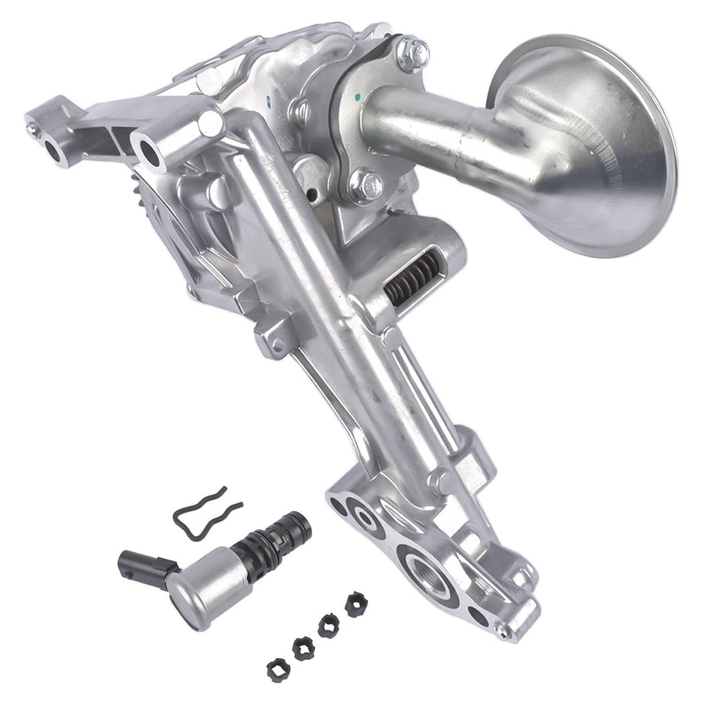 Metallic oil pump assembly with round filter housing and attached drive shaft