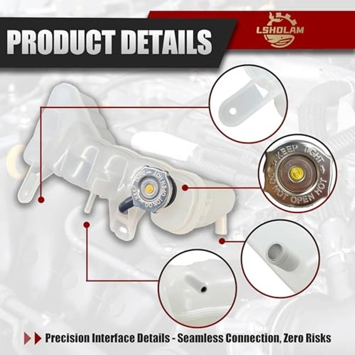 Coolant reservoir tank product diagram with cap detail and labeled openings