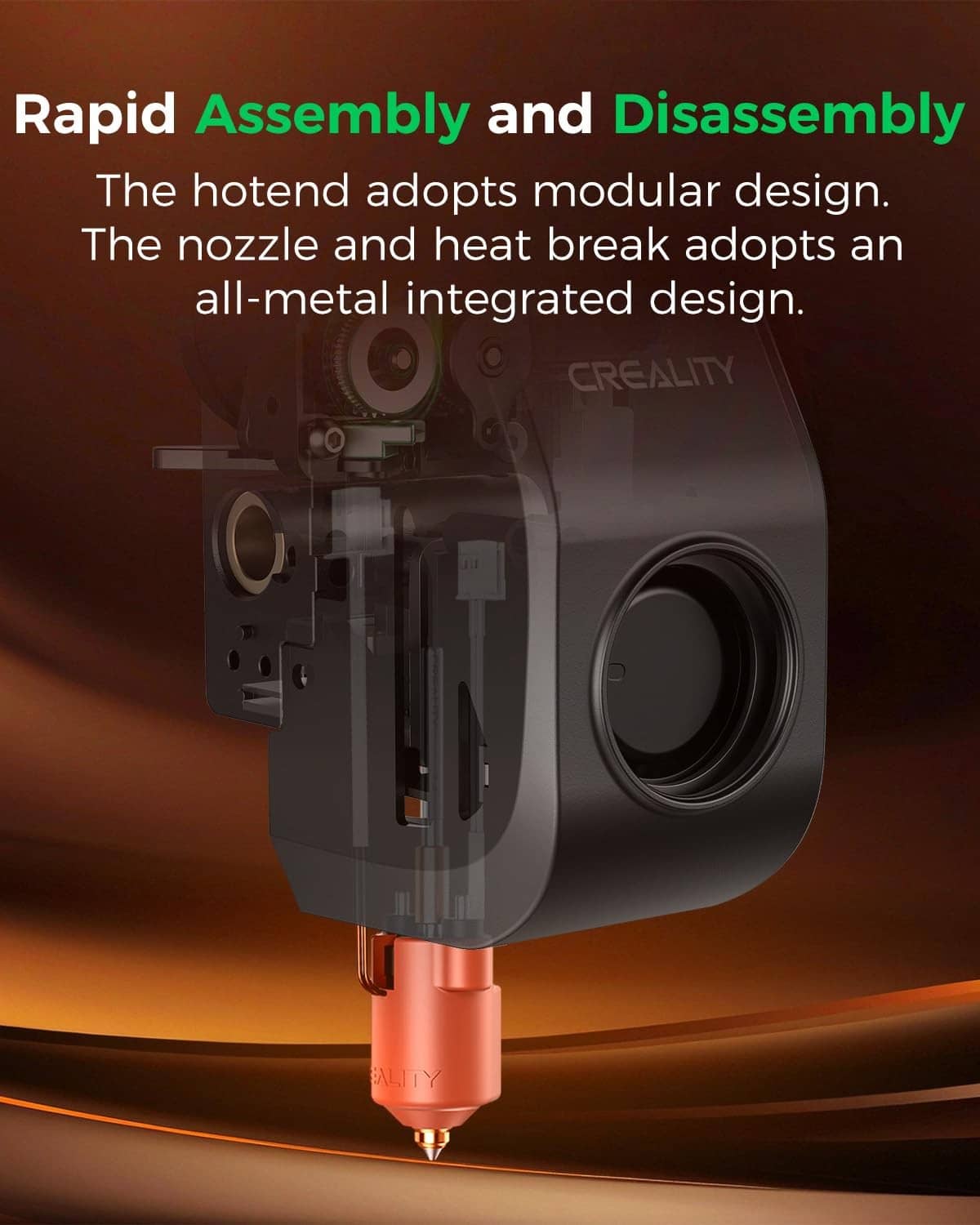 Modular hotend assembly with copper heating block and connected nozzle parts