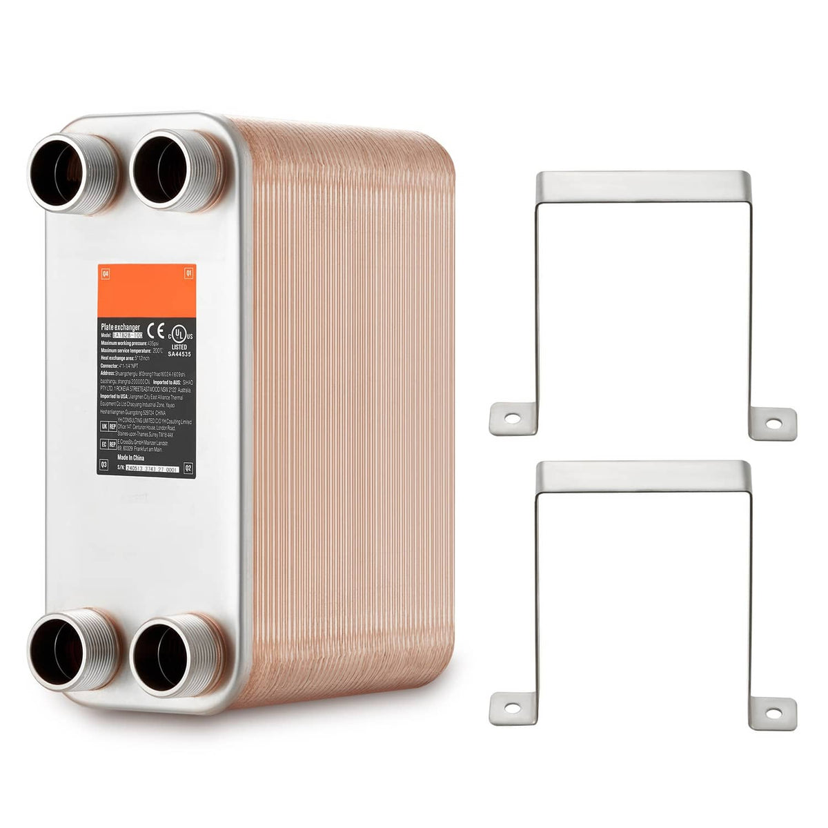 Brazed plate heat exchanger with four 1-1/4 in MNPT ports and copper finish