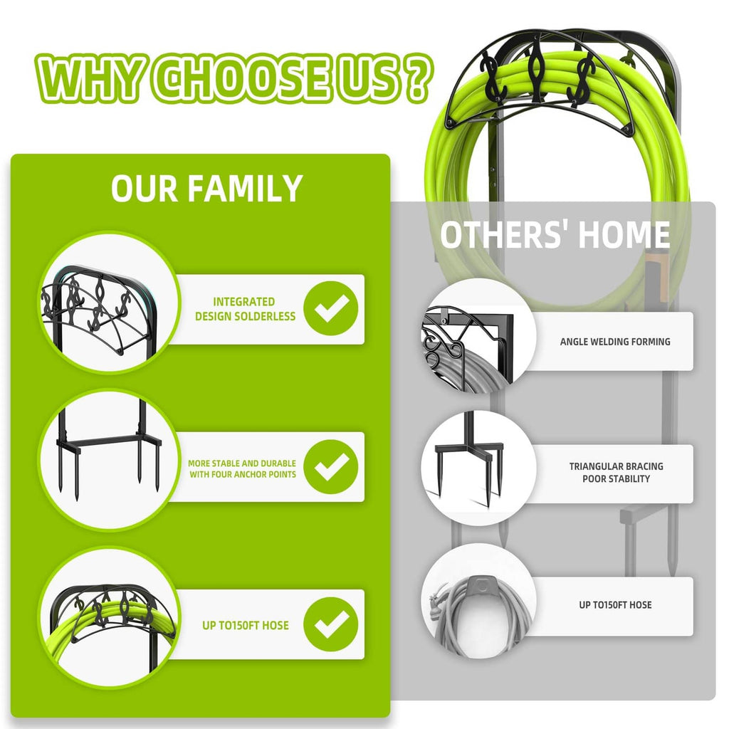 Garden hose holder stand with lime green hose and black metal base, four-loop rack