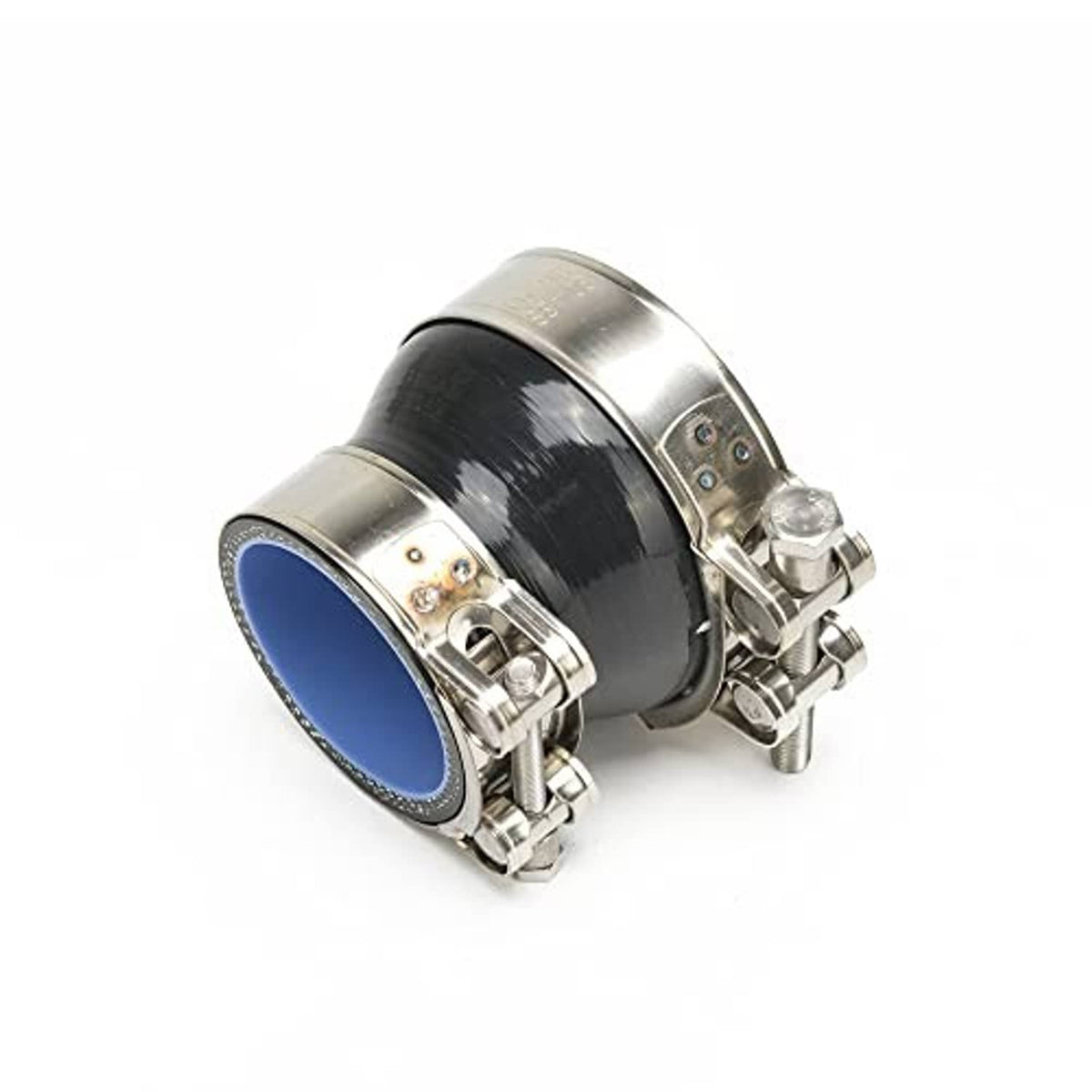 Straight reducer with black hose and stainless clamps, blue inner face and mounting bolts