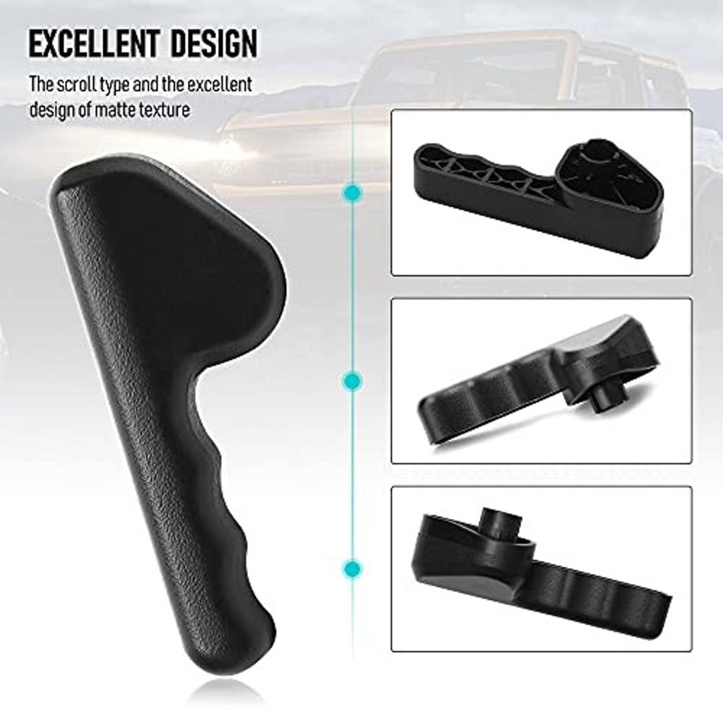 Black seat adjuster handle with textured finish and molded grip profile
