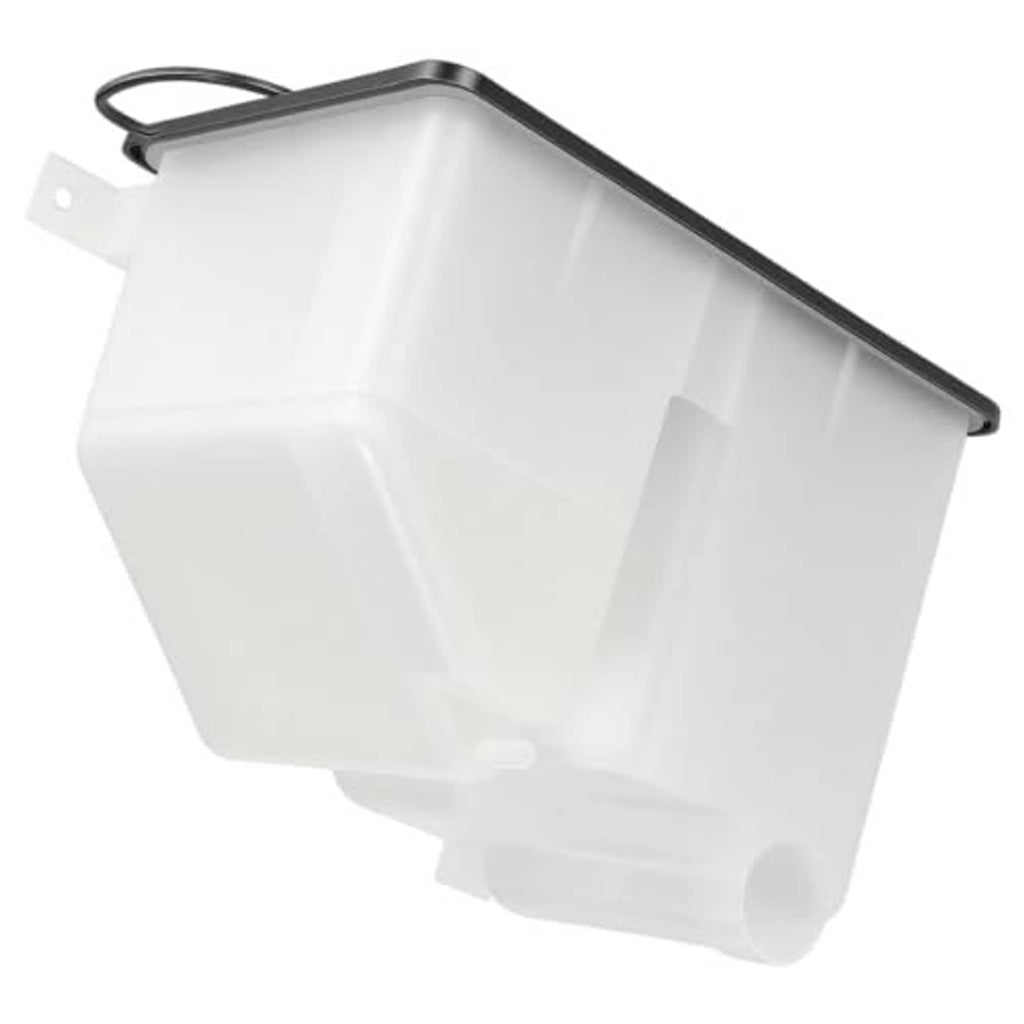 White coolant and washer fluid reservoir tank with black top rim and pull handle