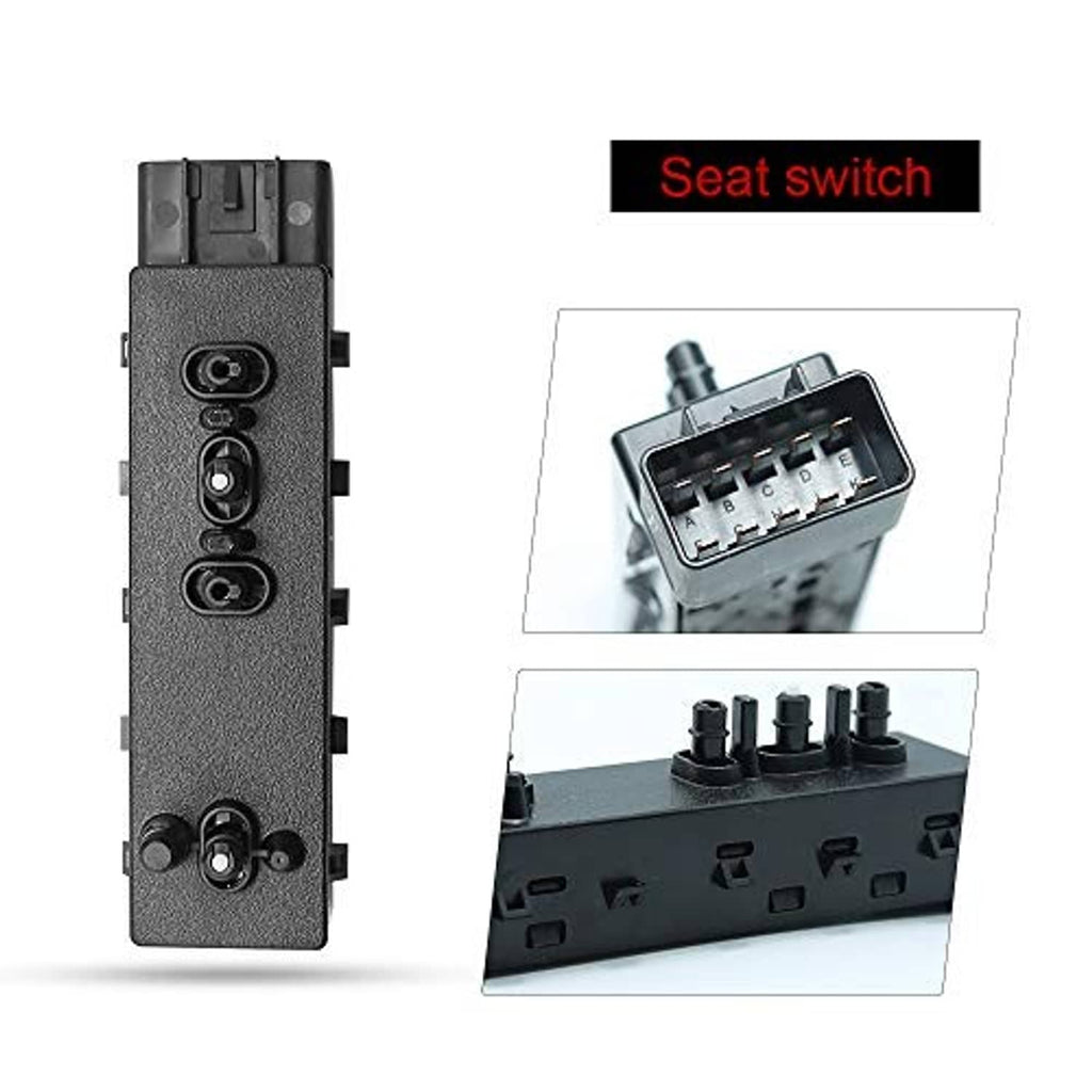 Driver-side power seat switch with button controls and wiring terminals, black plastic