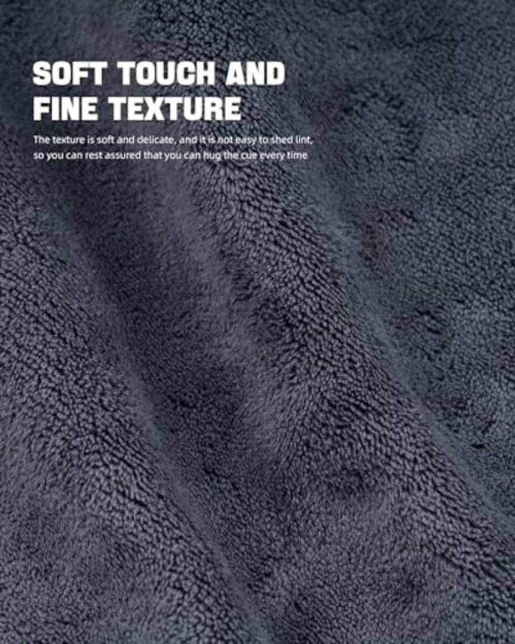 Dark gray cue cleaning towel with dense textured pile for cue wiping